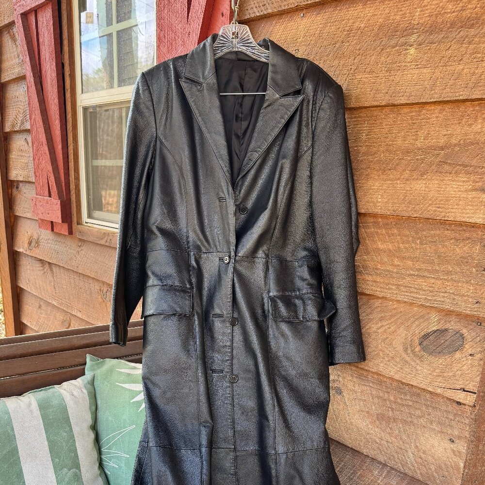 Vintage Black Genuine Leather Trench Coat – 52” Length